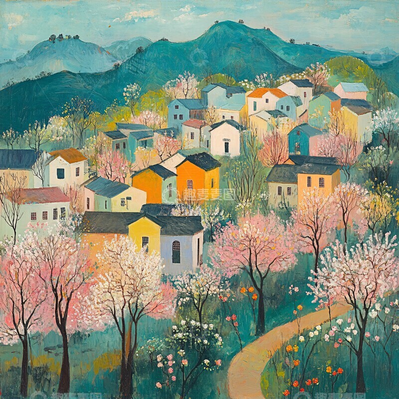 高清大图下载【趣麦麦图】春景村舍图春天景色村庄