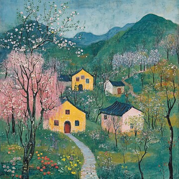 春景村舍图春天景色村庄2