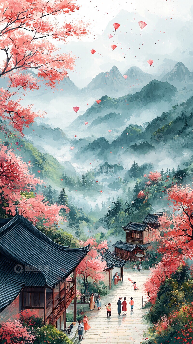 高清大图下载【趣麦麦图】采茶山间孩童放风筝