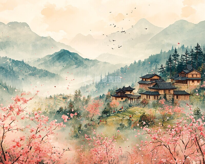 高清大图下载【趣麦麦图】茶田农舍图茶田农舍桃花