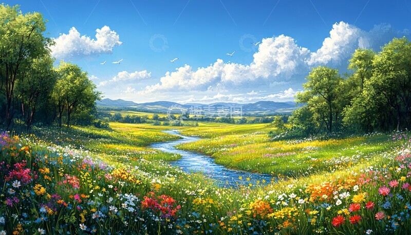 高清大图下载【趣麦麦图】绿意花朵蜿蜒河2