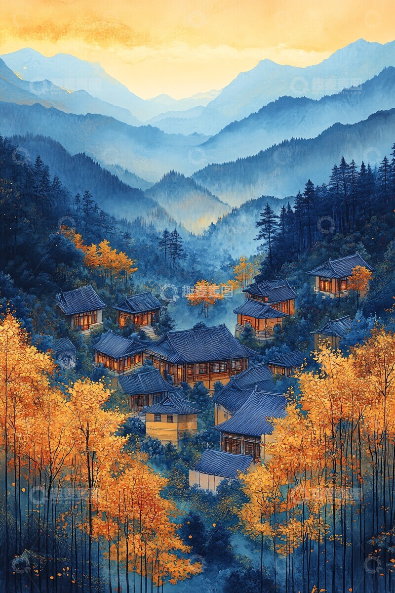 高清大图下载【趣麦麦图】青山古村图青山古村山脉