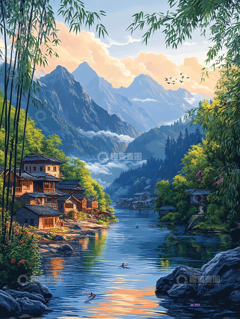 高清大图下载【趣麦麦图】山川水云村庄