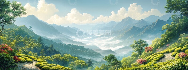 高清大图下载【趣麦麦图】茶园晨曦与果林