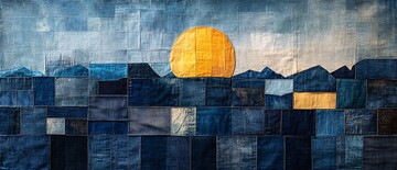 拼接牛仔布山水画