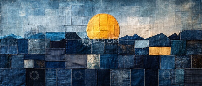 高清大图下载【趣麦麦图】拼接牛仔布山水画