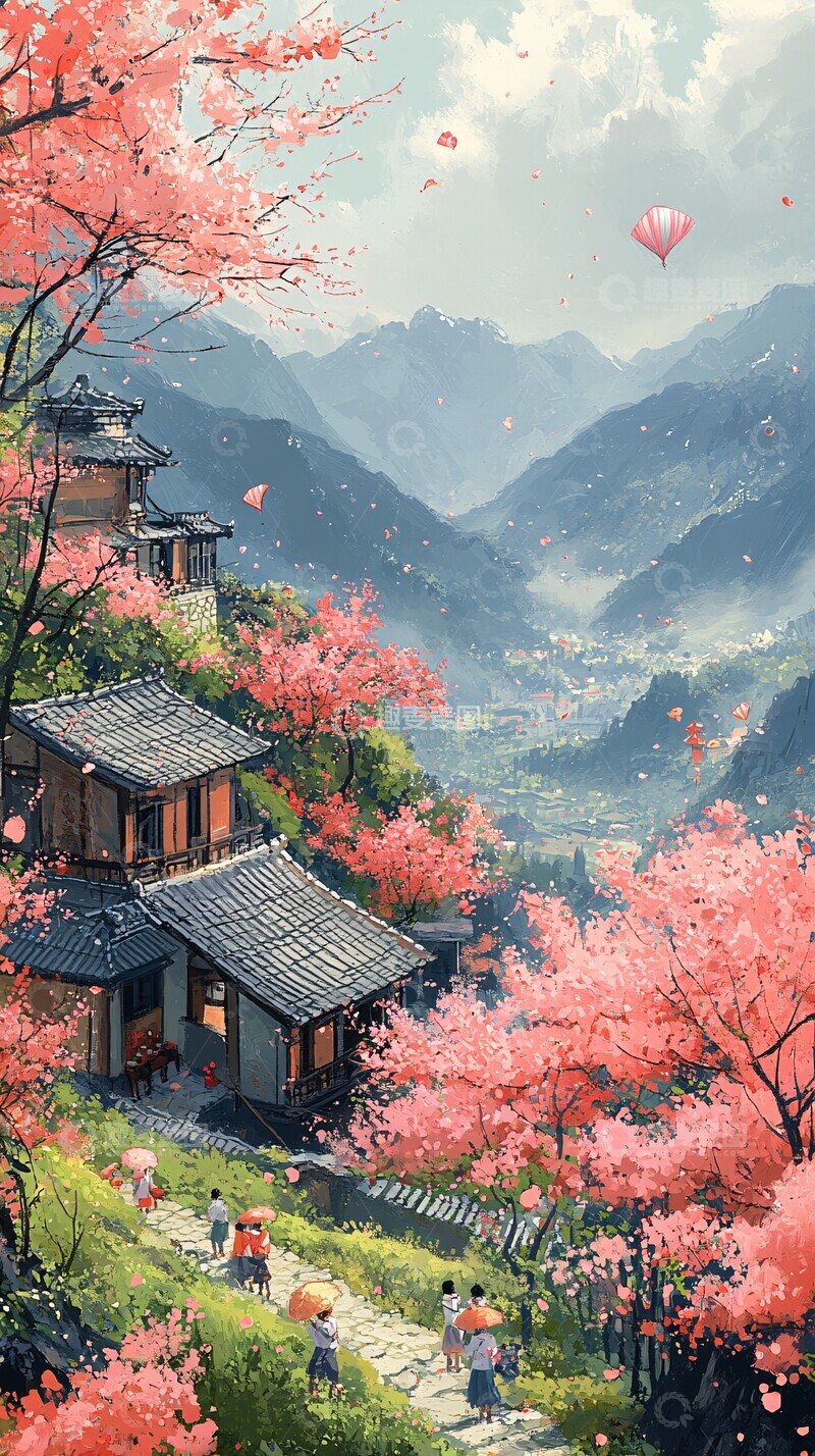 高清大图下载【趣麦麦图】采茶山间孩童放风筝2