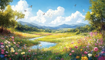 绿意花朵蜿蜒河