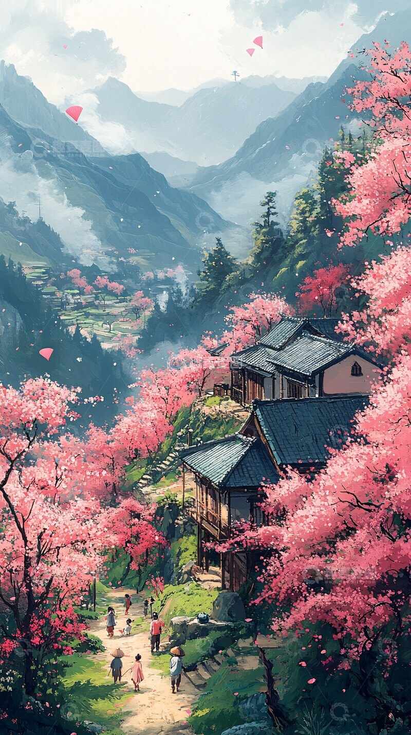 高清大图下载【趣麦麦图】采茶山间孩童放风筝1