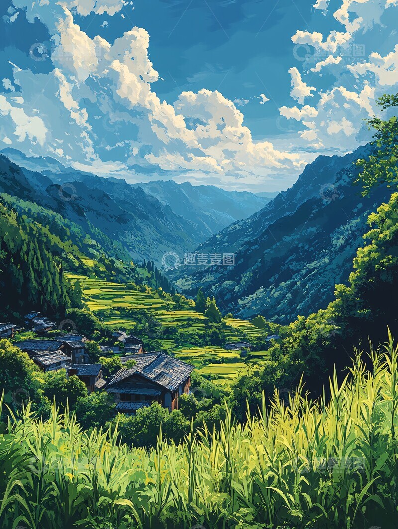 高清大图下载【趣麦麦图】山川水云村庄1
