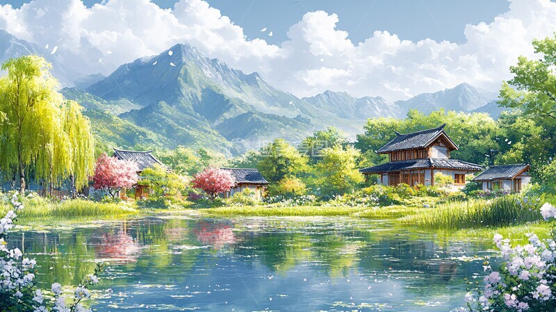 高清大图下载【趣麦麦图】柳树池塘小屋