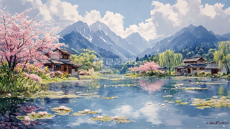 高清大图下载【趣麦麦图】柳树池塘小屋1