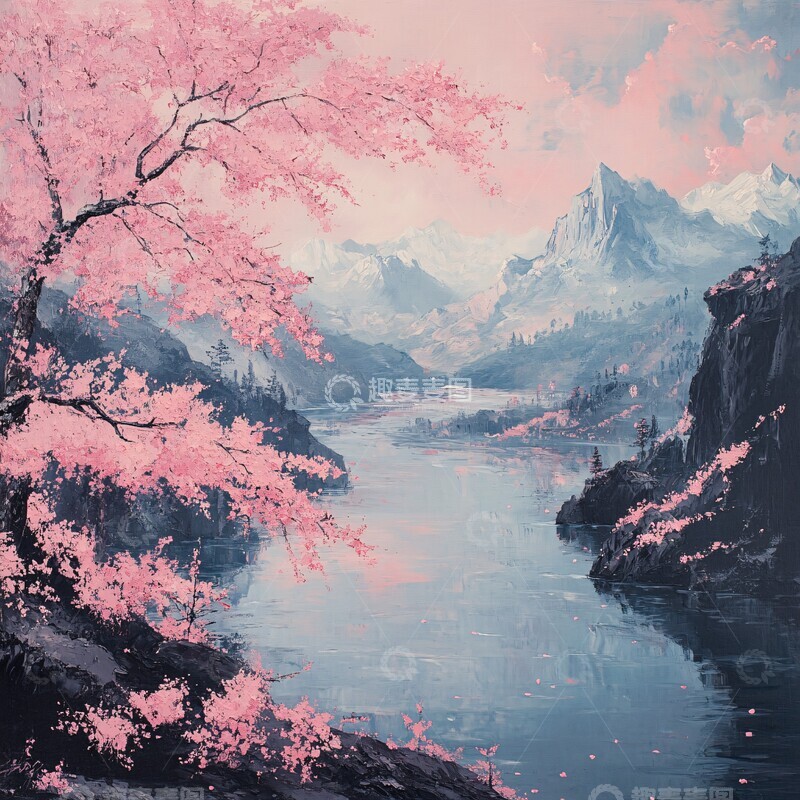 高清大图下载【趣麦麦图】樱花山水樱花山水粉色1