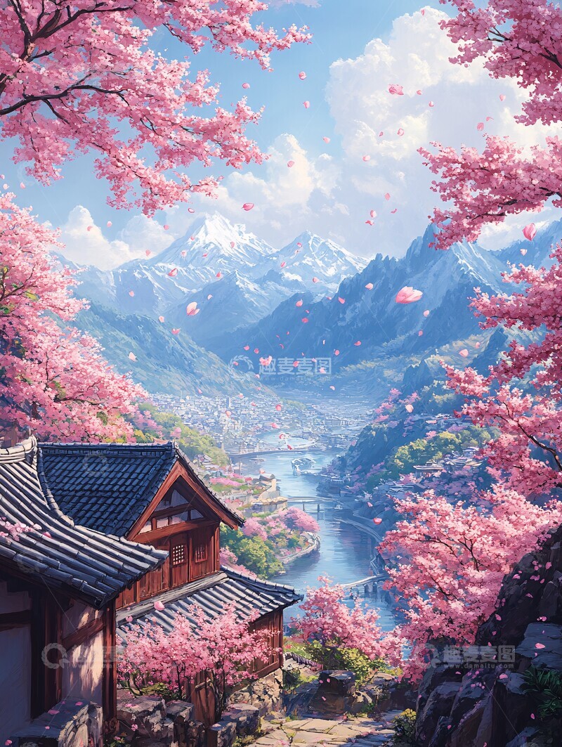 高清大图下载【趣麦麦图】樱花飘落山水间1