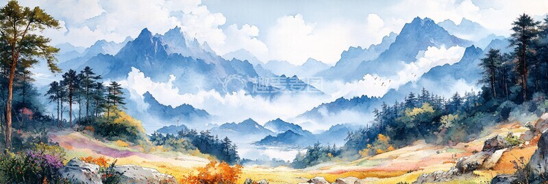 高清大图下载【趣麦麦图】稻田山水图稻田山水云雾2