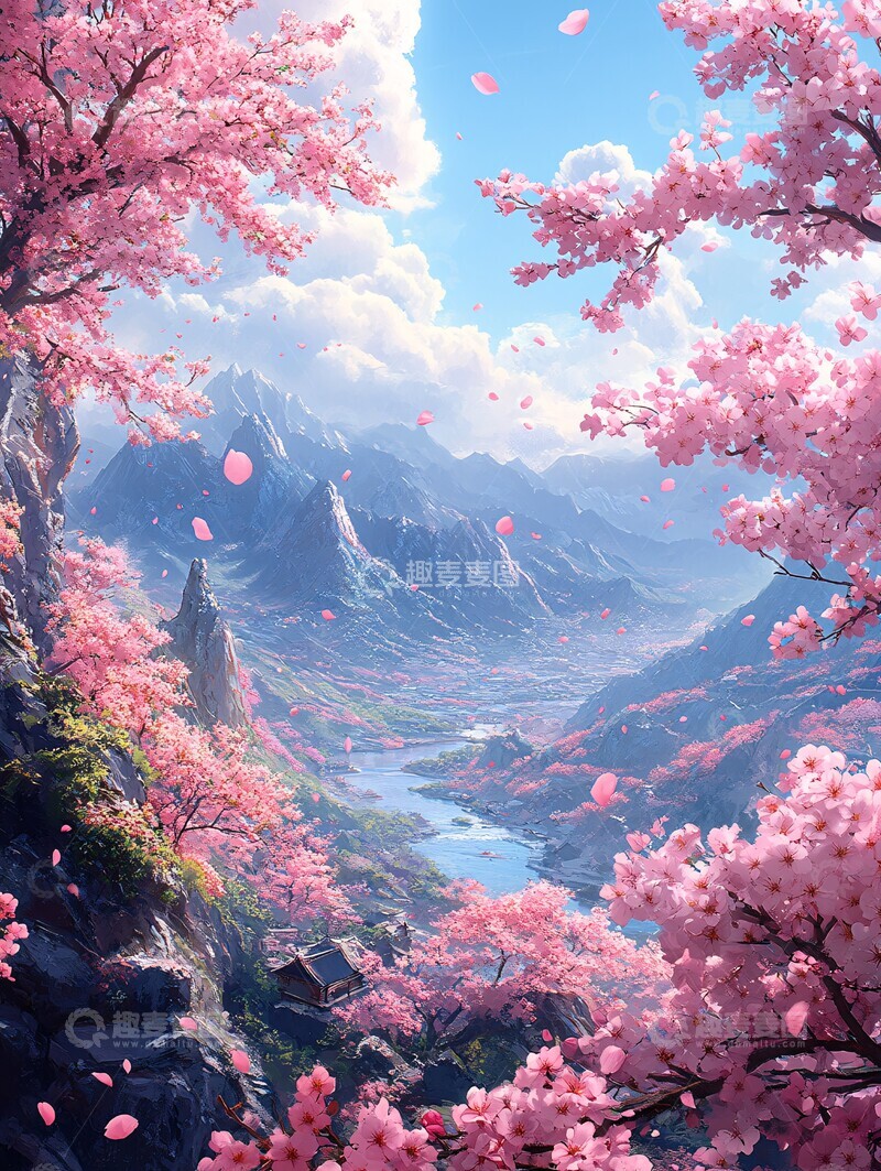 高清大图下载【趣麦麦图】樱花飘落山水间