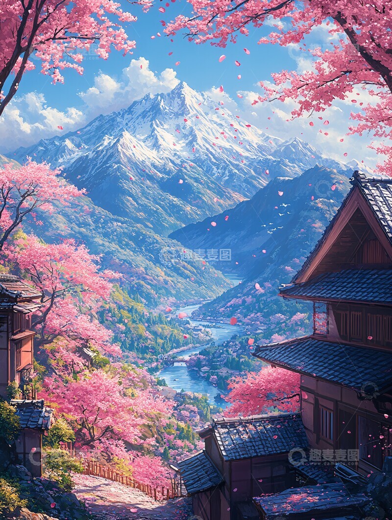 高清大图下载【趣麦麦图】樱花飘落山水间2