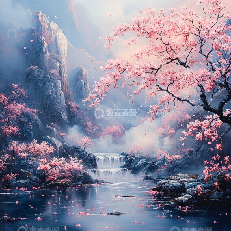 高清大图下载【趣麦麦图】樱花山水樱花山水粉色2