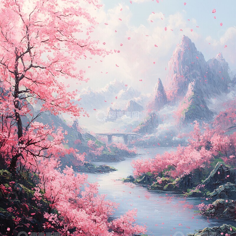 高清大图下载【趣麦麦图】樱花山水樱花山水粉色