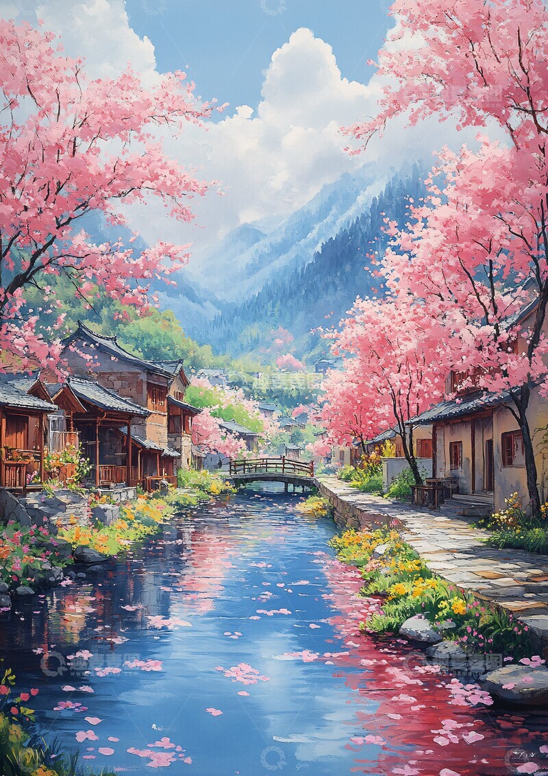 高清大图下载【趣麦麦图】樱花流水人家1