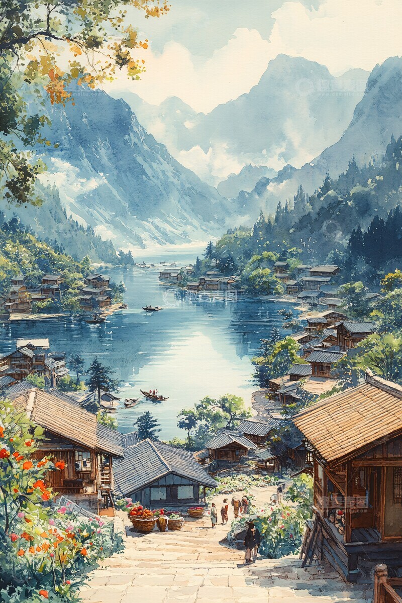 高清大图下载【趣麦麦图】春日湖畔村庄