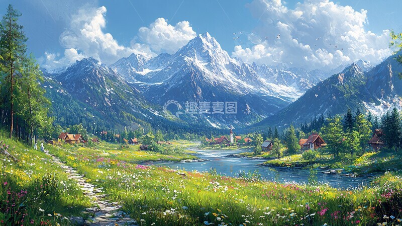 高清大图下载【趣麦麦图】山水村庄图山水村庄村民