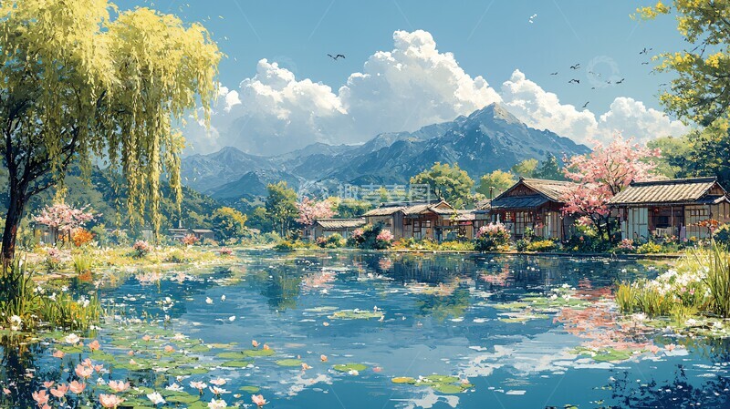 高清大图下载【趣麦麦图】柳树池塘小屋2