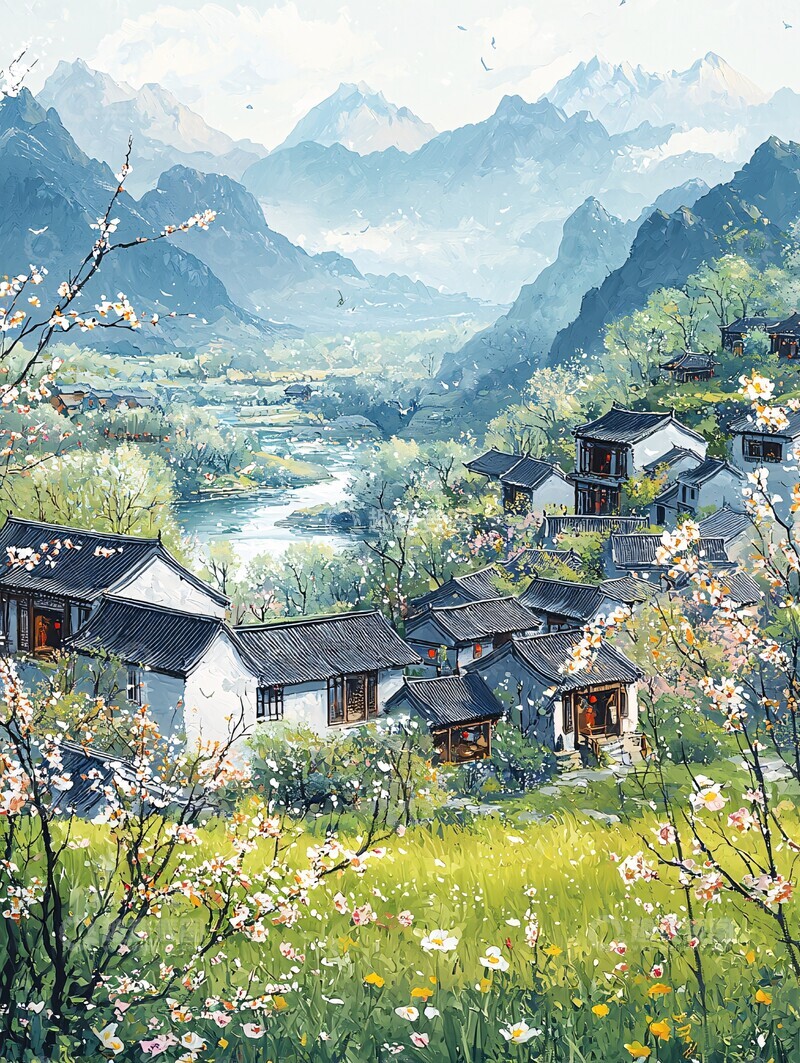 高清大图下载【趣麦麦图】村岸春花村庄柳树草地1