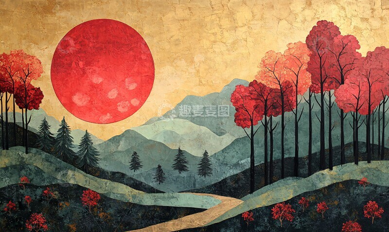 高清大图下载【趣麦麦图】绿色红色抽象森林