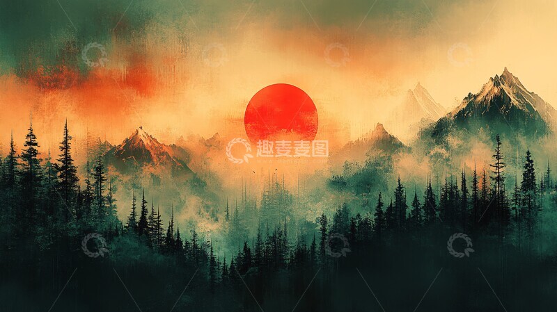 高清大图下载【趣麦麦图】森林日落雪山1