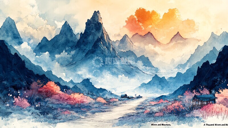 高清大图下载【趣麦麦图】千里江山图山水河流山峰1