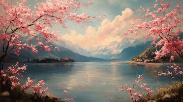 樱花湖景图樱花湖景花瓣2