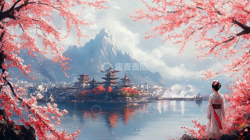 高清大图下载【趣麦麦图】樱花富士城景