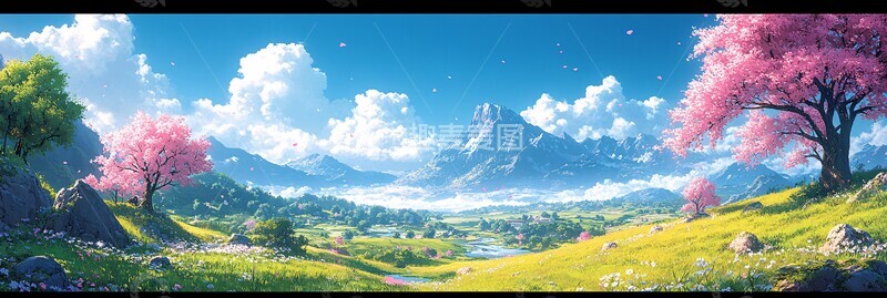 高清大图下载【趣麦麦图】樱花山水樱花山水绿色1