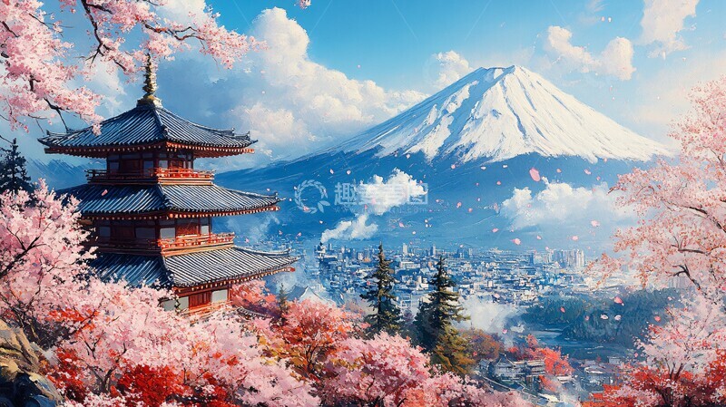 高清大图下载【趣麦麦图】樱花富士城景2