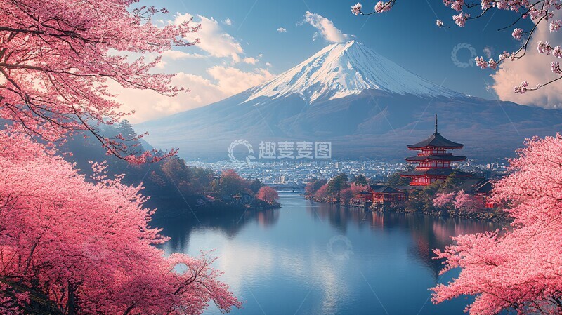 高清大图下载【趣麦麦图】樱花富士城景1