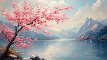 樱花湖景图樱花湖景花瓣