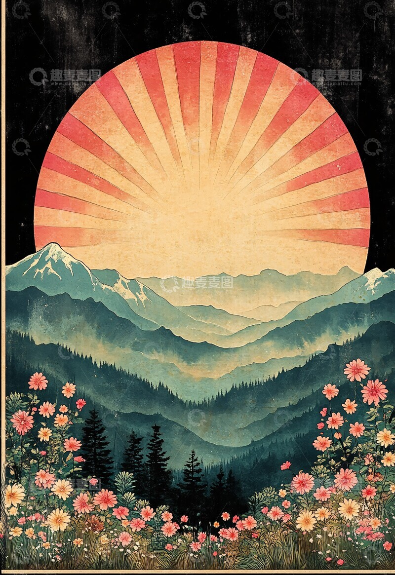 高清大图下载【趣麦麦图】樱花山水木版画1