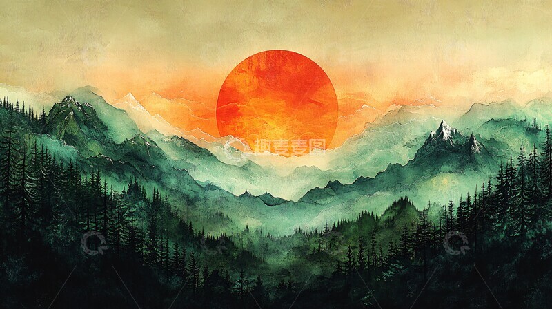 高清大图下载【趣麦麦图】森林日落雪山2