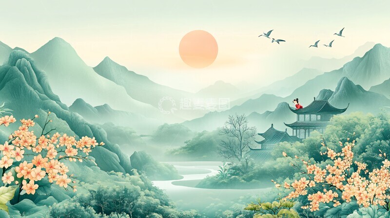 高清大图下载【趣麦麦图】雨季山水飞燕童骑牛1