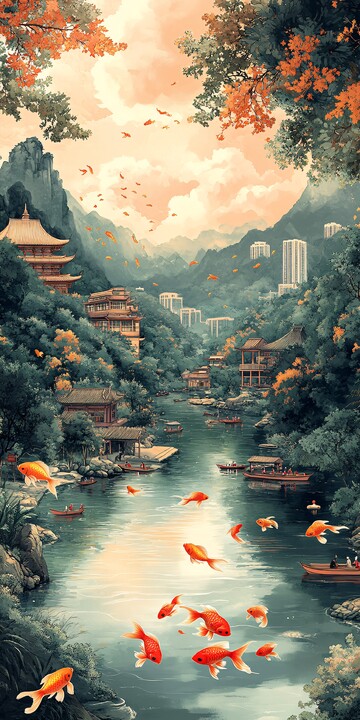 河中金鱼与古建筑