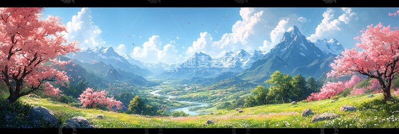 高清大图下载【趣麦麦图】樱花山水樱花山水绿色