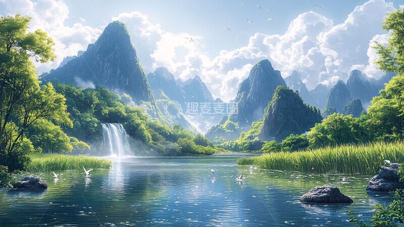 高清大图下载【趣麦麦图】青山绿水春景图1