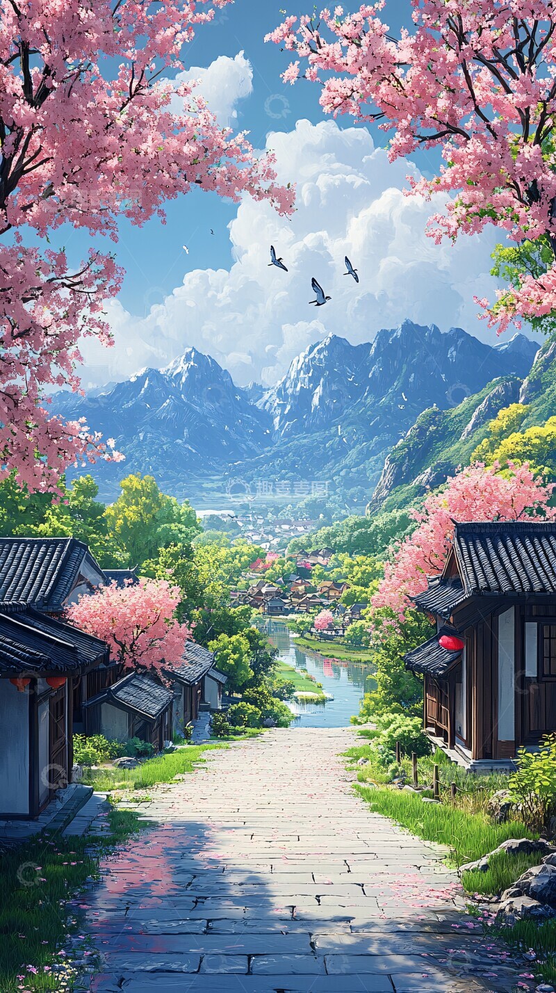 高清大图下载【趣麦麦图】桃林春色稻田树林桃花