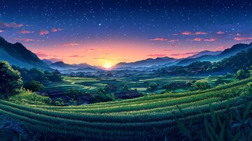 稻田夜色星光图