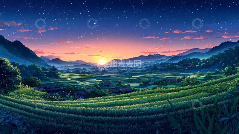 高清大图下载【趣麦麦图】稻田夜色星光图