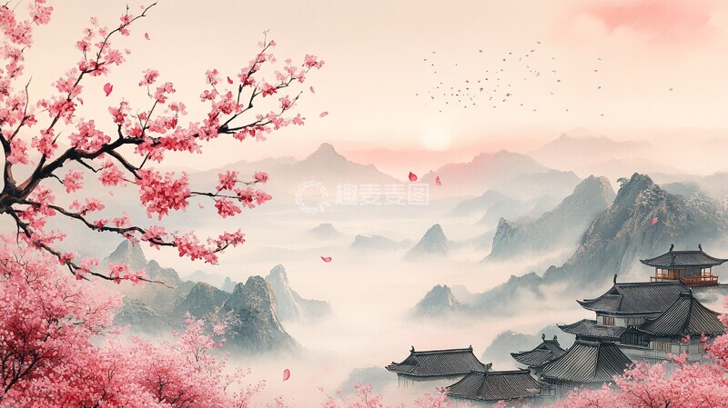 高清大图下载【趣麦麦图】樱花飘落山水间5