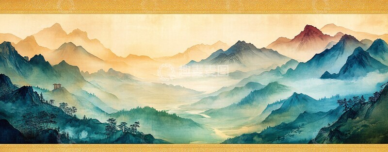 高清大图下载【趣麦麦图】山水画卷金色边框1