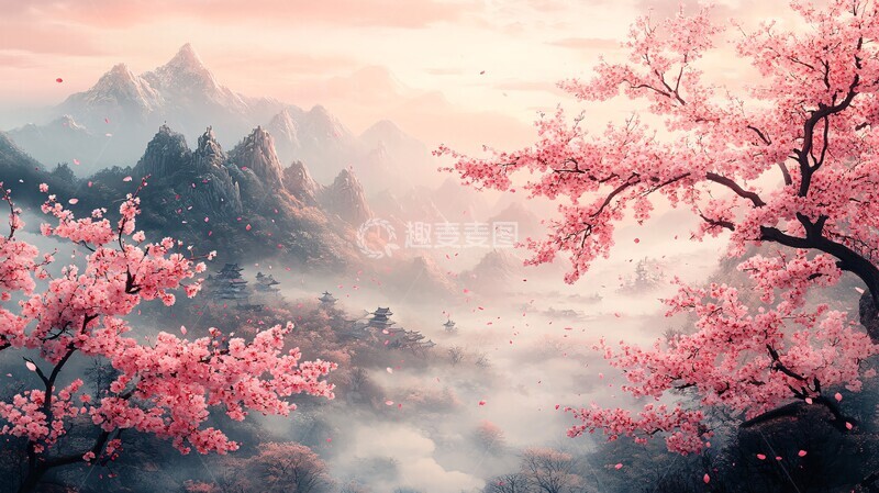 高清大图下载【趣麦麦图】樱花飘落山水间4
