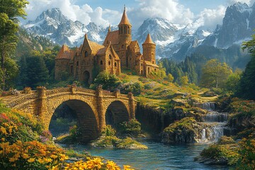 山坡花树桥河流